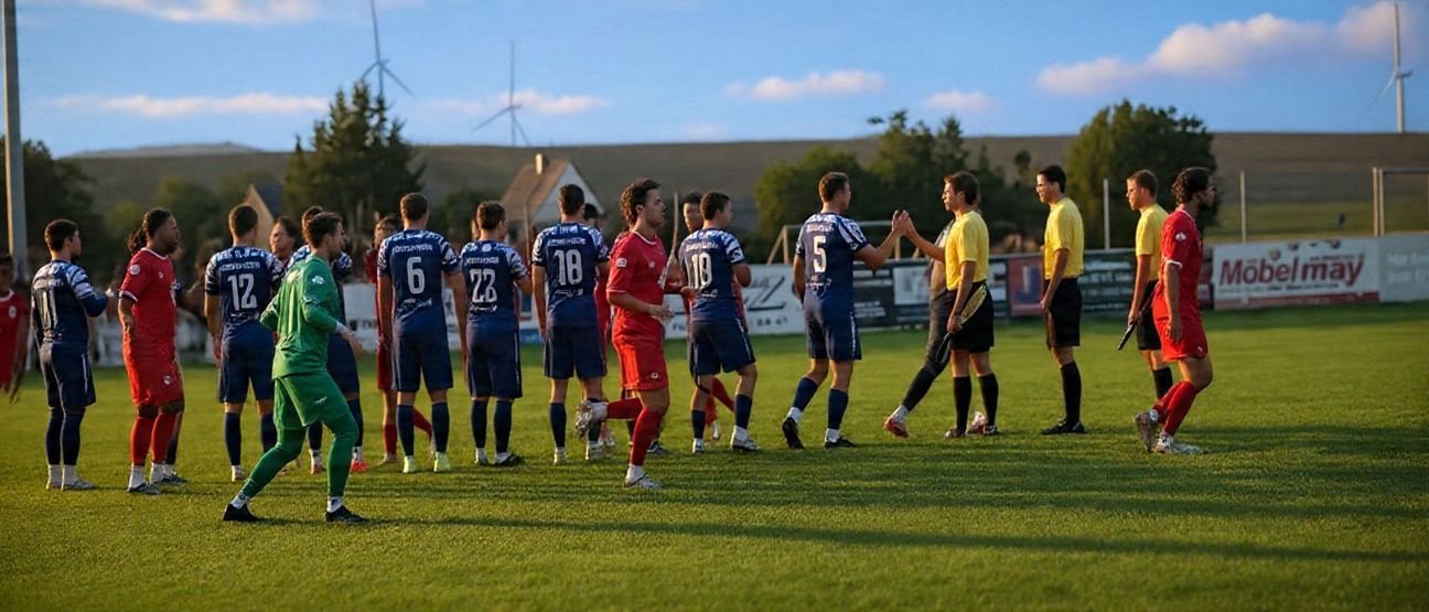 Handshake zwischen den Blauen der SG Maifeld-Elztal und dem zweimaligen Pokalsieger Rot Weiß Koblenz