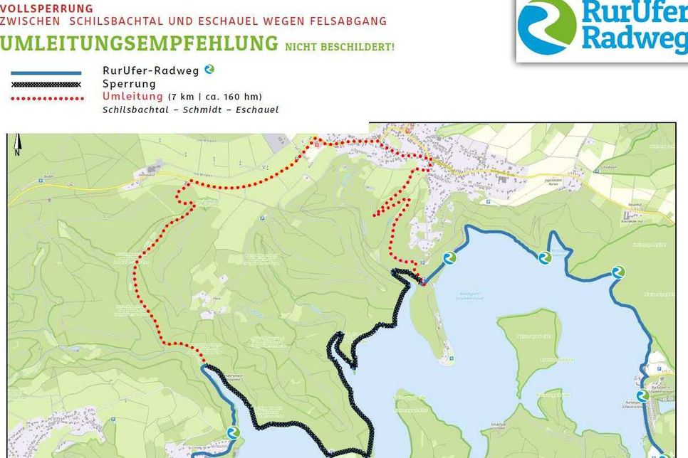 Der RuruferRadweg ist zwischen Wildenhof und Eschauel gesperrt. Eine Umleitung über Schmidt wird während der Baumaßnahmen - werktags von 6 bis 14 Uhr empfohlen.