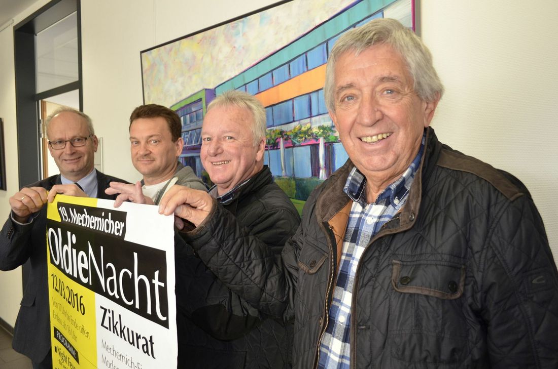 Mechernichs Bürgermeister Dr. Hans Peter Schick, Thomas Tampier, Paul Schneider und Willi Greuel präsentierten das Programm der 19. Mechernicher Oldienacht. mn-Foto