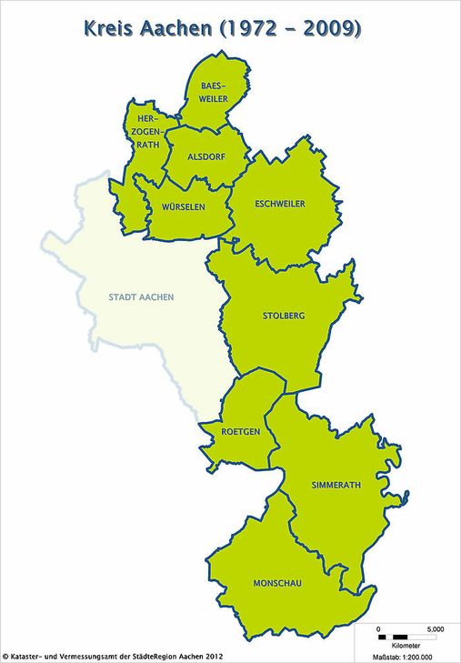 Der Kreis Aachen, wie wir ihn seit 1972 kennen - die Struktur hat sich auch 2009 nicht verändert: aus Kreis und Stadt Aachen wurde 2009 die Städteregion.