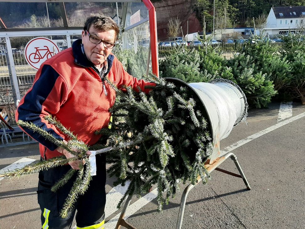 Ecki Scholz opfert seine Freizeit, um vor dem Rewe-Center in Kall Weihnachtsbäume zugunsten der Hilfsgruppe zu verkaufen. Foto: Reiner Züll/pp/Agentur ProfiPress