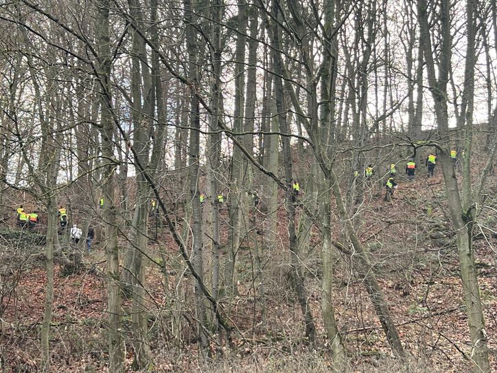 Polizeikräfte durchsuchen das Waldgebiet nahe Monreal nach dem Kopf der in der Nähe aufgefundenen Frauenleiche.