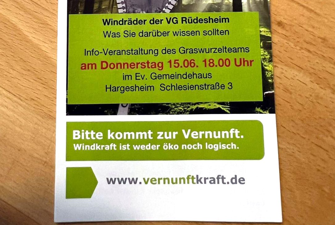 Über Windkraft in der VG Rüdesheim will das Graswurzel Netzwerk informieren und wirbt dafür unter dem Dach der "Vernunftkraft"-Initiative.