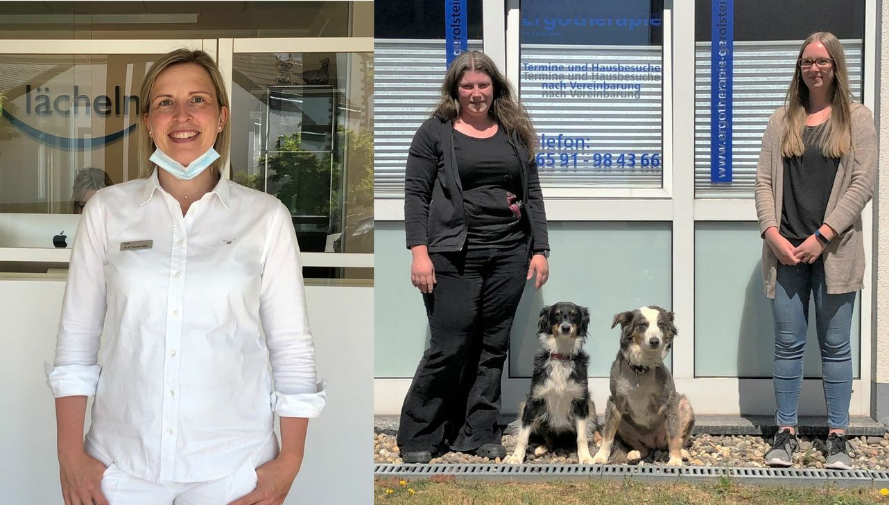 Dr. Simone Wunden (l.) und Esther Weber (2.v.l., hier mit Kollegin Alina Bauer und ihren beiden Therapiehunden) sorgen in ihren Praxen für den notwendigen hohen Hygienestandard in Zeiten des Coronavirus. Fotos: Woltmann