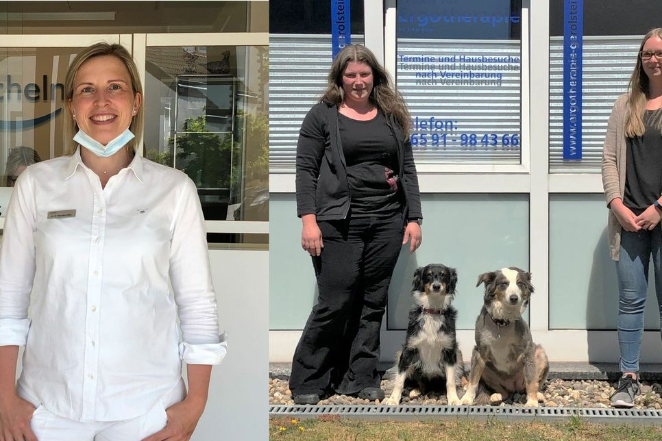 Dr. Simone Wunden (l.) und Esther Weber (2.v.l., hier mit Kollegin Alina Bauer und ihren beiden Therapiehunden) sorgen in ihren Praxen für den notwendigen hohen  Hygienestandard in Zeiten des Coronavirus. Fotos: Woltmann