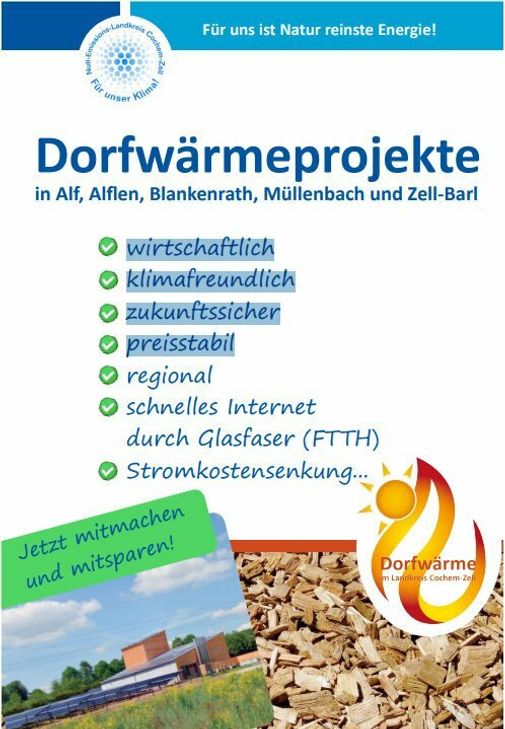 Mit solchen Werbeaussagen suchte die Kreisverwaltung Cochem-Zell nach potentiellen Teilnehmern am Nahwärmenetzwerk. Aus heutiger Sicht sind Begriffe wie "wirtschaftlich", "zukunftssicher" sowie "preistabil" nicht mehr ganz nachvollziehbar.