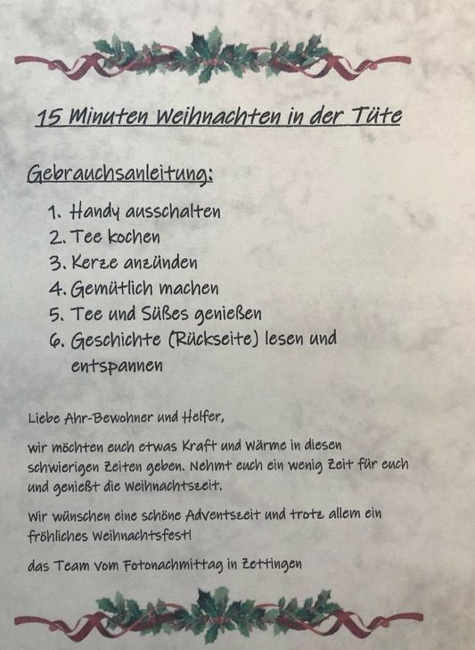 Mit der Aktion "15 Minuten Weihnachten in der Tüte" wollen die Zettinger etwas Festtagsfreude verschenken.