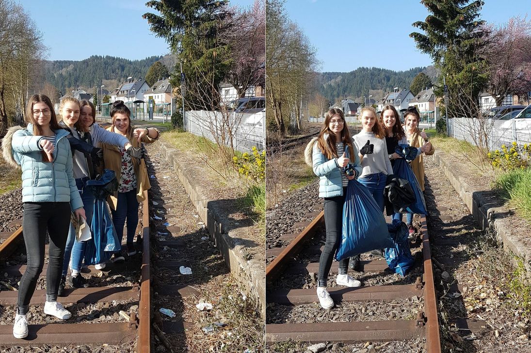 Ein klassischer Fall von »vorher - nachher«: Svenja Röhr (v.li.), Anna Schmitz, Jamie-Lee Heimerich und Anna-Lina Heid packten an und säuberten die Bahngleise entlang ihres Schulweges. Fotos: Privat