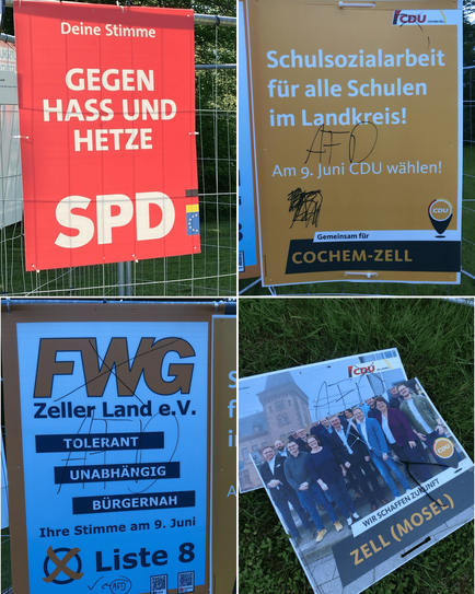 Das SPD-Plakat musste auf dem Barl bereits zweimal ausgetauscht werden. Die Plakate der CDU und FWG sind beschmiert und/oder zerstört.