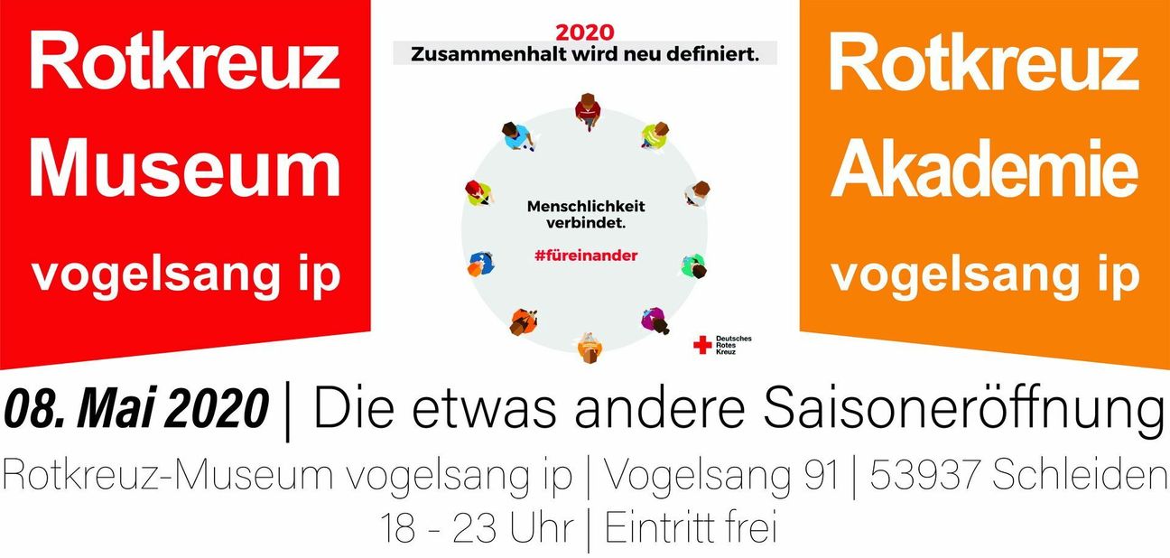 Mit dieser Grafik bewirbt das 2011 von Rolf Zimmermann aus der Taufe gehobene Rotkreuz-Museum Vogelsang für humanitäres Völkerrecht seine außergewöhnliche Saisoneröffnung am Abend des Weltrotkreuztages, 8. Mai. Grafik: Simon Jägersküpper/DRK/pp/Agentur ProfiPress