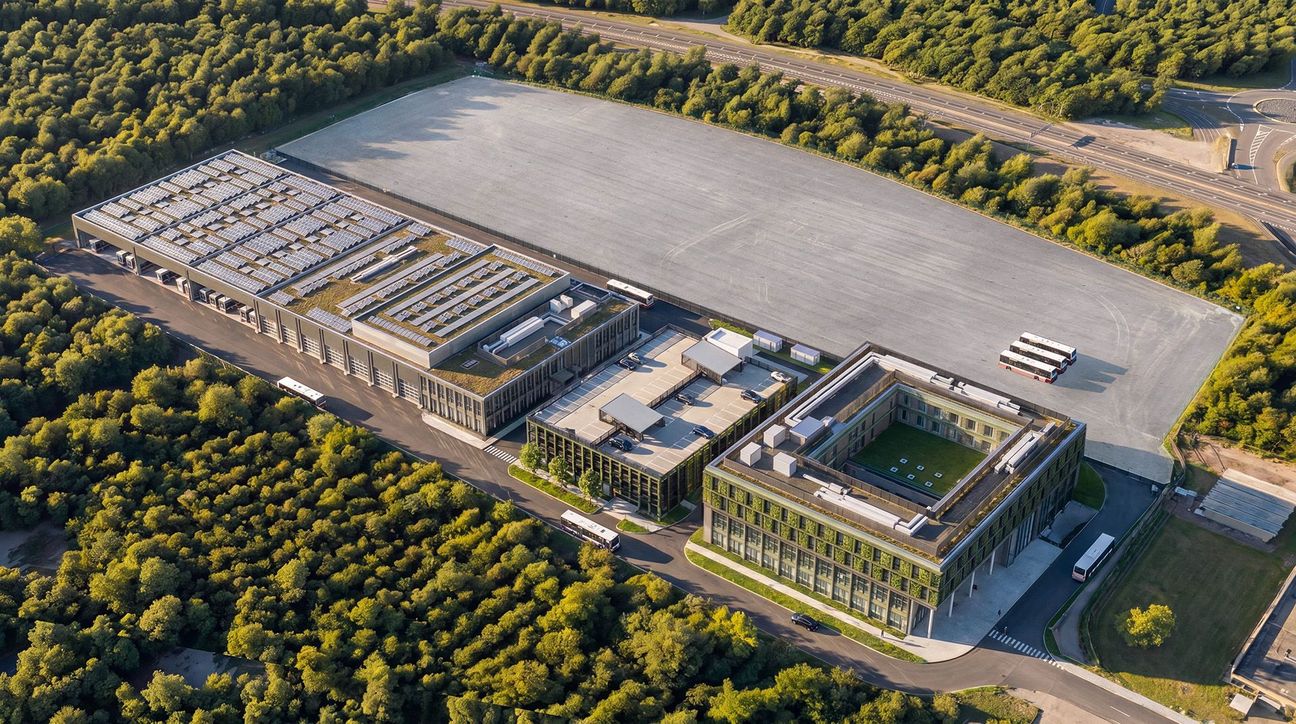 Blick auf die Fahrsicherheitsfläche (oben) sowie auf das Ensemble mit Akademie (v.r.), Parkdeck, Kompetenzzentrum mit angrenzender Werkstatt und Fahrzeughallen mit Platz für 51 Busse.