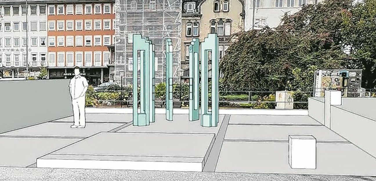 Eine erste Visualisierung zeigt die mögliche Gestaltung des zentralen Gedenkorts an der Christophstraße durch den Künstler Clas Steinmann.
