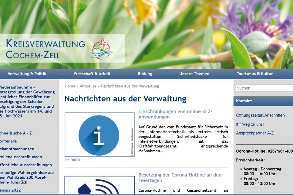 Derzeit sind keine Online-Anwendungen im Zusammenhang mit der KFZ-Anmeldung über die Webseite www.cochem-zell.de (Foto) möglich.