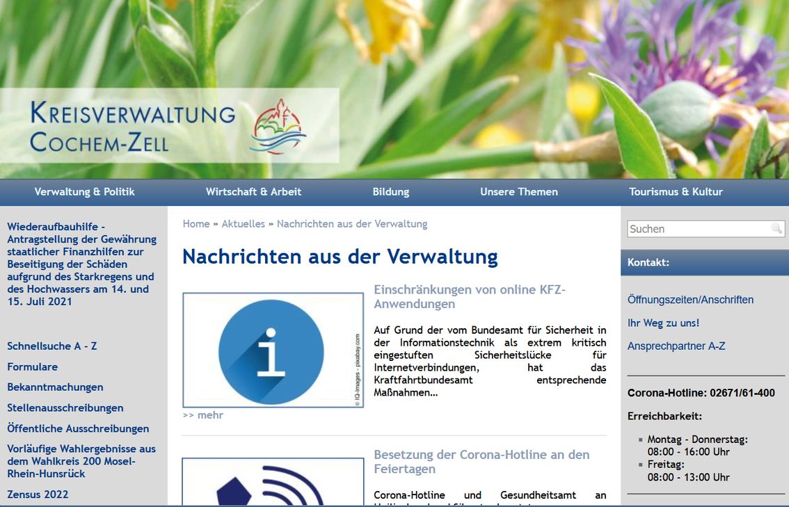 Derzeit sind keine Online-Anwendungen im Zusammenhang mit der KFZ-Anmeldung über die Webseite www.cochem-zell.de (Foto) möglich.