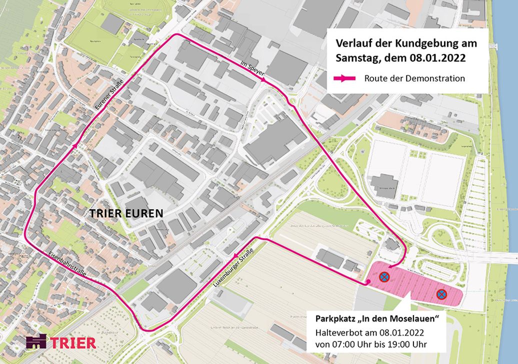 Die Karte zeigt den Standort der Kundgebung gegen die Corona-Maßnahmen am Messepark und den genehmigten Verlauf der Demonstration durch den Stadtteil Euren am Samstagnachmittag. Grafik: Stadtverwaltung
