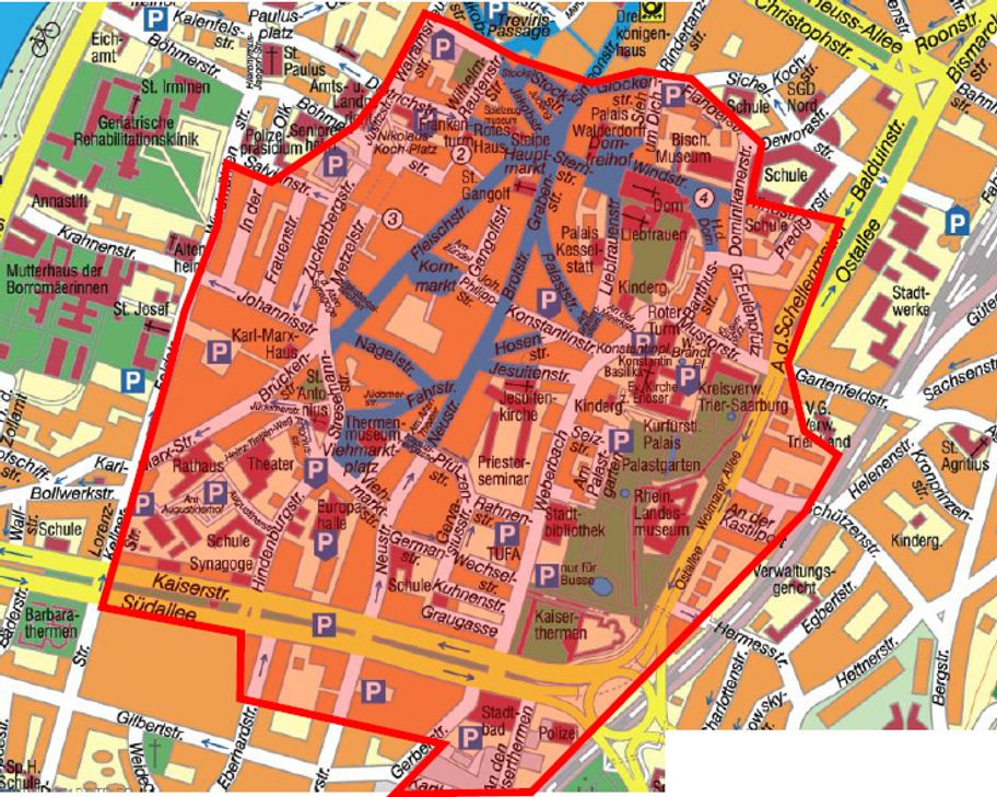 Während der Entschärfung am Freitag wird die rot-umrandete Zone evakuiert. Grafik: Presseamt Trier