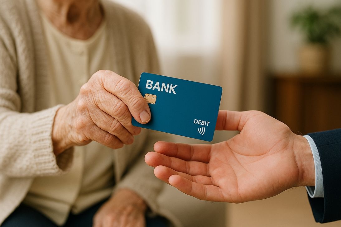 Symbolfoto einer Seniorin die eine Debit-Karte an einen unbekannten Mann übergibt. Die Polizei warnt vor derartigen Betrugsmaschen.