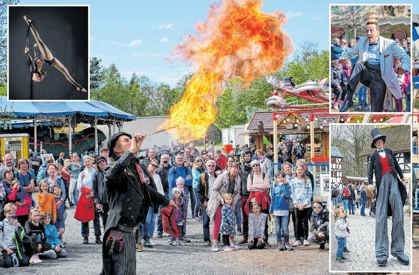 Der Feuerspucker Gilbert, Monsieur Jeton und der »Große Mann« (Fotos: Hans-Theo Gerhards/LVR Freilichtmuseum Kommern) sind ebenso dabei wie erstmals die Artistin Shari mit dem Lollipop (Foto: Jannis Fritsch).