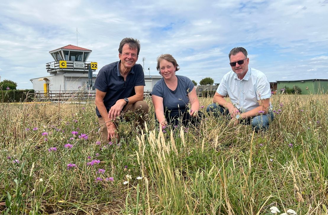 Jennifer Thelen  (Biologische Station Kreis Euskirchen) präsentiert gemeinsam mit Christoph von Heydebrand (li.) und Stefan Heine (re., beide Ultraleicht-Fluggruppe Nordeifel) die ersten Ergebnisse des Projektes »Insektenoasen in der Bördelandschaft«, das auf dem Flugplatz umgesetzt wird.