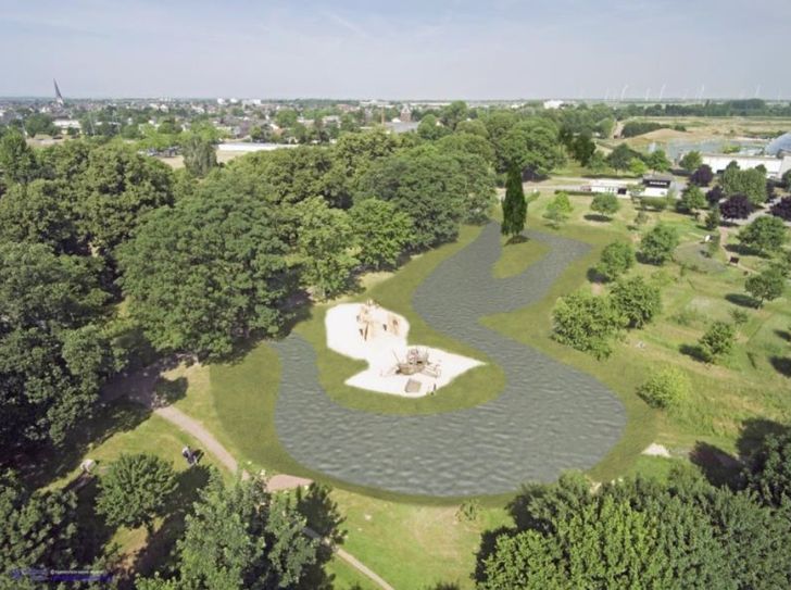 So könnte die Erft nach der Umgestaltung verlaufen. Statt einen Kilometer lang wird sich der Fluss fast zwei Kilometer durch den Erftpark schlängeln. Grafik: Erftverband