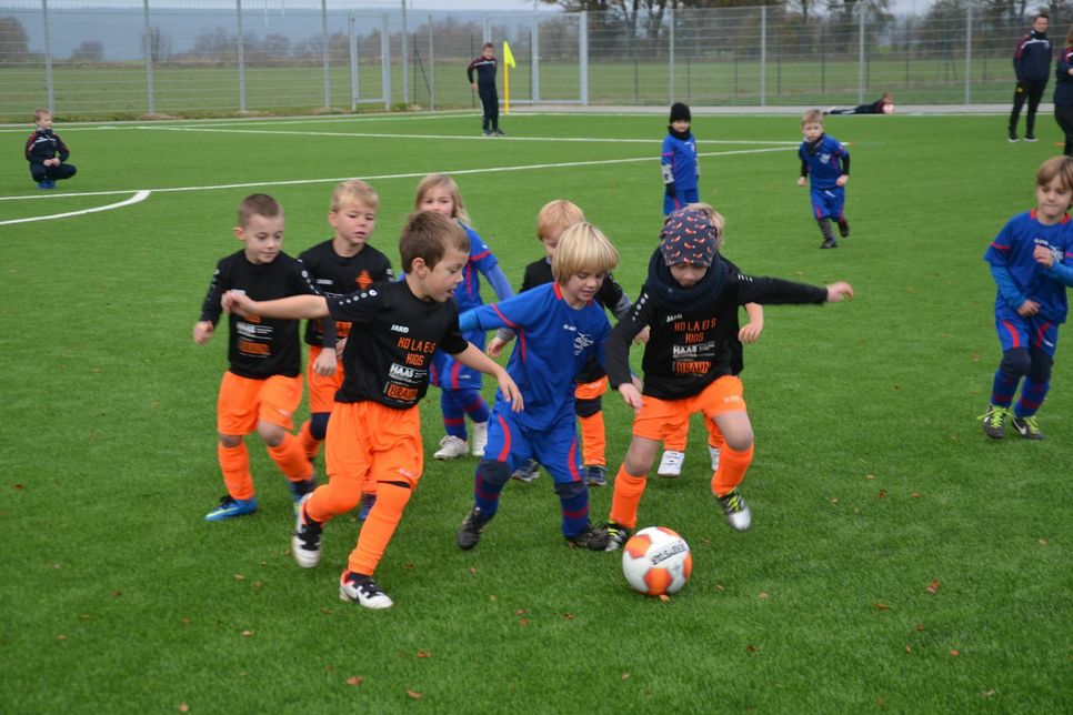 Sie durften das erste Spiel auf dem neuen Kunstrasenplatz in Kesternich austragen: Die Bambinis vom SV Nordeifel und dem JFV FC Eifel. Foto: T. Förster