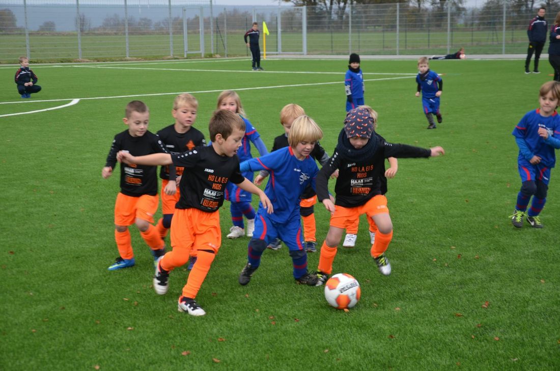 Sie durften das erste Spiel auf dem neuen Kunstrasenplatz in Kesternich austragen: Die Bambinis vom SV Nordeifel und dem JFV FC Eifel. Foto: T. Förster