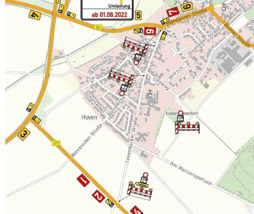 Vom 1. August bis voraussichtlich zum 2. September kommt es auf der Luxemburger Straße in Zülpich-Hoven im Bereich zwischen Hermann-Josef-Straße und der Straße »Am Wassersportsee« wegen Kanalarbeiten zu einer Vollsperrung.