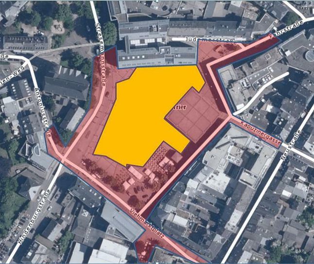 Die Veranstaltungsfläche ist gelb markiert. Der Bereich, der videoüberwacht wird, ist gelb und rot markiert. Foto: Polizei