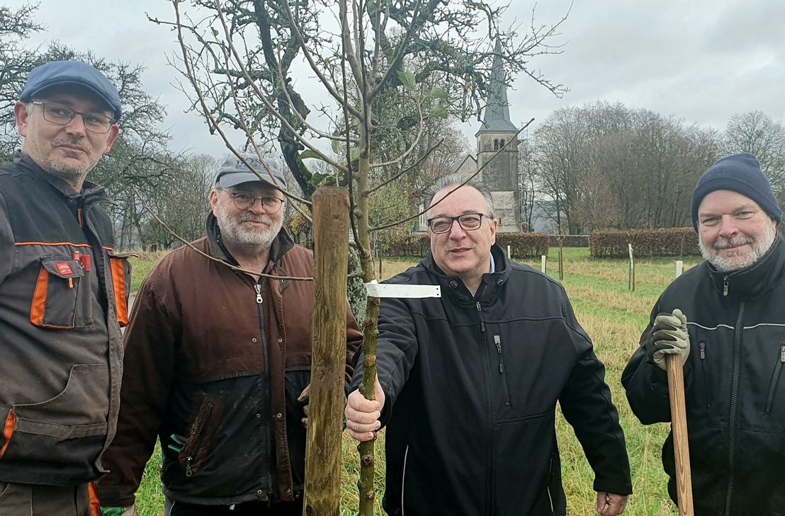 Ortsbürgermeister Reiner Schmitt (rechts), Gemeindearbeiter Claus Dötsch (links) und das ehrenamtliche NABU-Mitglied Gerd Winter (zweiter von links) freuen sich über den von Raymond Reinert, Argenturleiter der Württembergischen Versicherung Saarburg (Bildmitte), gespendeten Apfelbaum, der auf einer Wiese neben dem Ehrenfriedhof Kastel neu gepflanzt wurde.