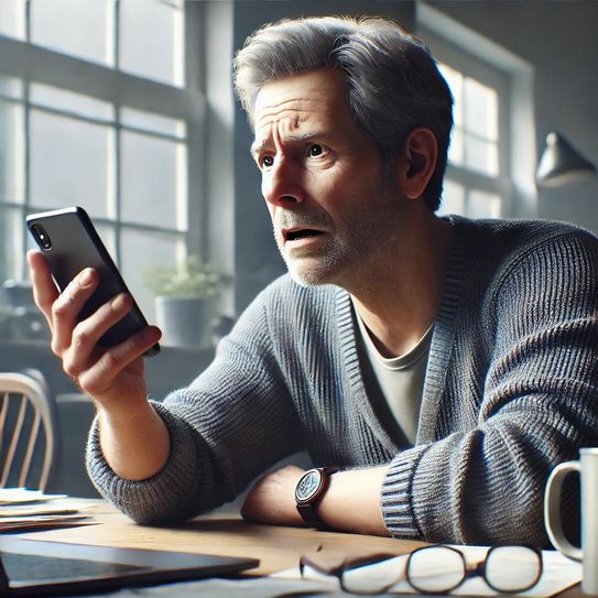 Symbolbild eines Mannes, der mit geschockter Miene auf sein Smartphone schaut.