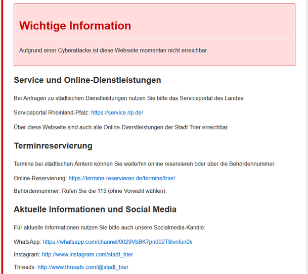 Screenshot: Info der Website Stadt Trier