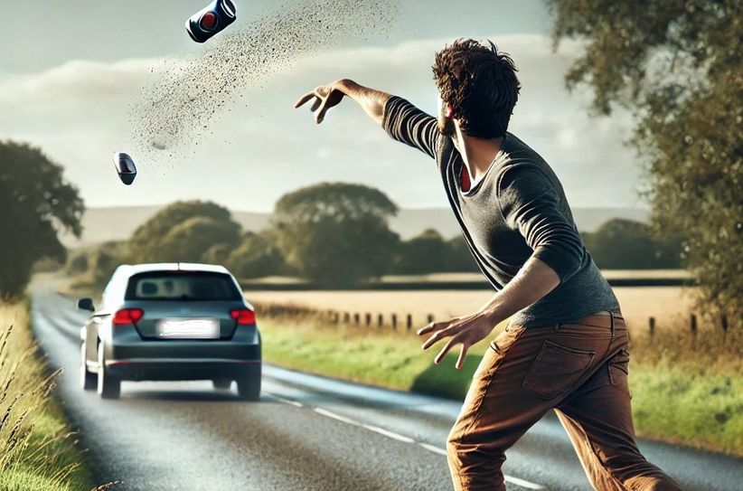 Der Mann warf eine teligefüllte Getränkedose auf das vorbeifahrende Auto. Hierbei handelt es sich jedoch nur um ein KI-generiertes Symbolfoto.
