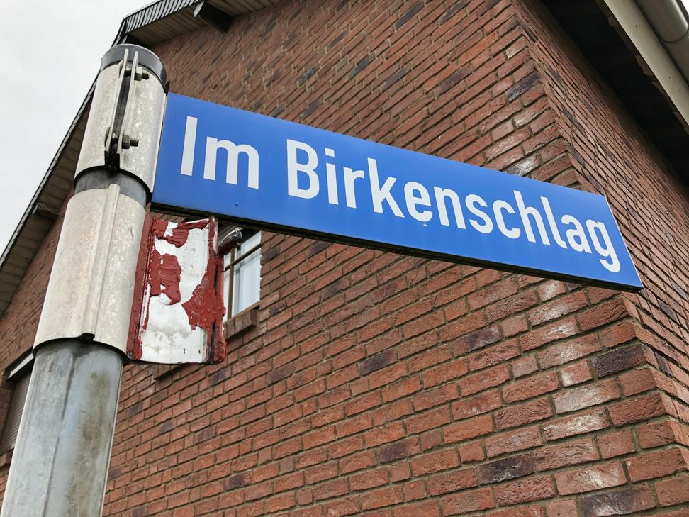 An dieser Stelle wies ein grünes Schild mit gelber Schrift auf das Unternehmen "Krüttgen Kamine" hin.