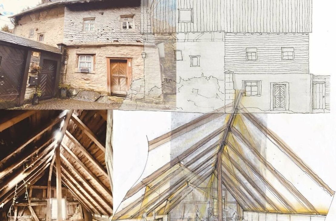 Das Haus in der Kirchstraße 32 in Monschau verfällt zusehends. Die ISG Monschau will es nun restaurieren und unter dem Titel »Viertelhaus - Heimat braucht Leben« zur Begegnungsstätte wie zum Musterhaus für Altbausanierungen machen.
 Skizze: ISG Monschau / Foto: T. Förster