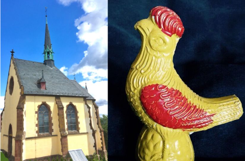 Markuskapelle und ein Kuckuck, wie es sie früher zur Kirmes hier für die Kinder gab