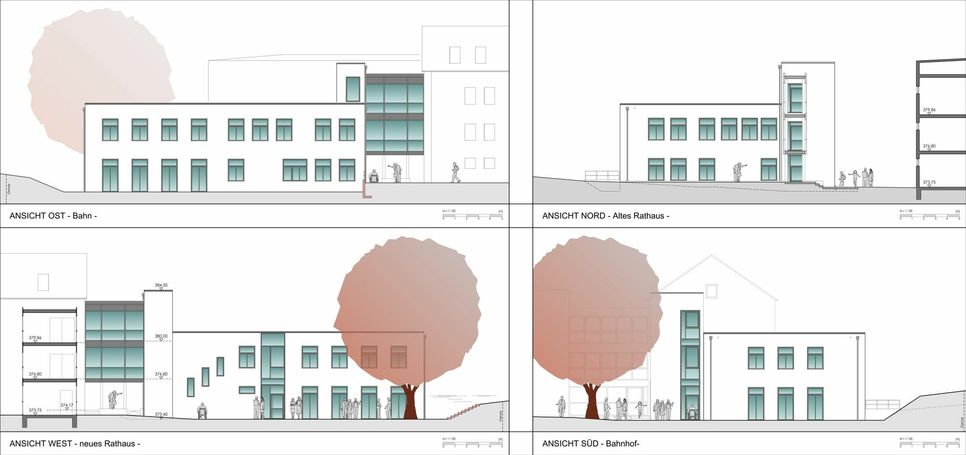 Ansichten des neuen Gebäudes. Grafiken: Planungsbüro PE Becker GmbH
