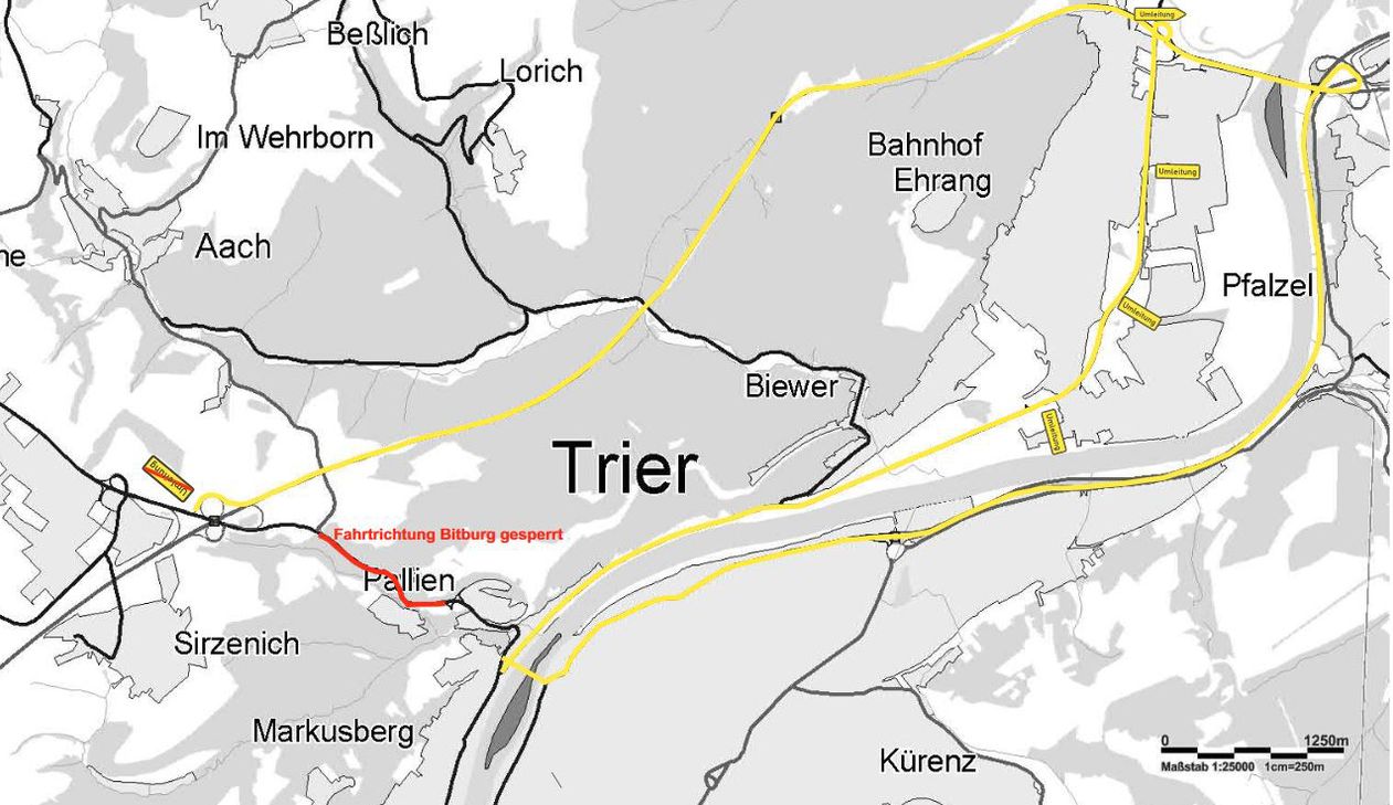 Aus der Stadt kommend wird der Verkehr über die Autobahn 602 bzw. die B 53 Richtung Ehrang auf die B 52/A 64 umgeleitet (Plan: LBM Trier)