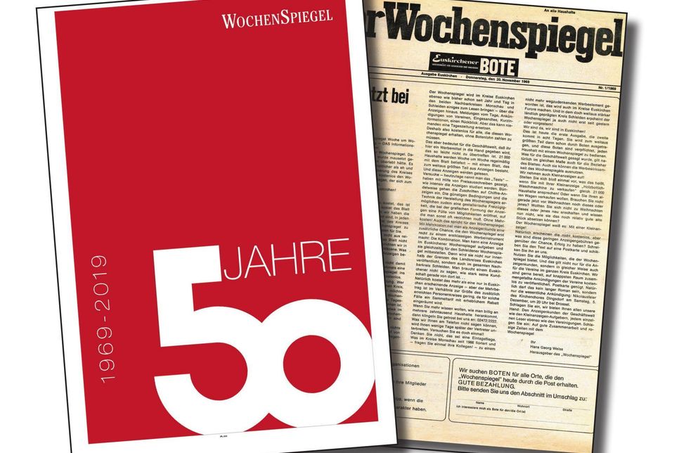 Vor 50 Jahren erschien die erste Ausgabe des Euskirchener Wochenspiegel.  Die erste Titelseite aus dem Jahr 1969 (rechts) finden Sie in unserer Jubiläumsausgabe.