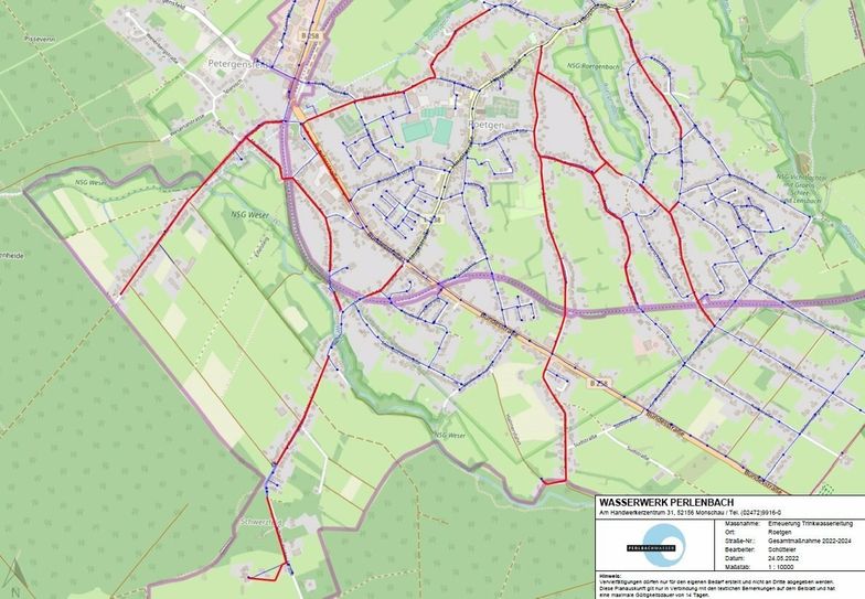 Ab Juli 2022 große Teile seines Wasserleitungsnetzes in der Ortschaft Roetgen erneuert. In diesem Zuge werden alle Hausanschlüsse auf die neu verlegten Leitungen umgeklemmt, bzw. je nach Alter und Zustand Haus erneuert. Karte: Wasserversorgungszweckverband Perlenbach