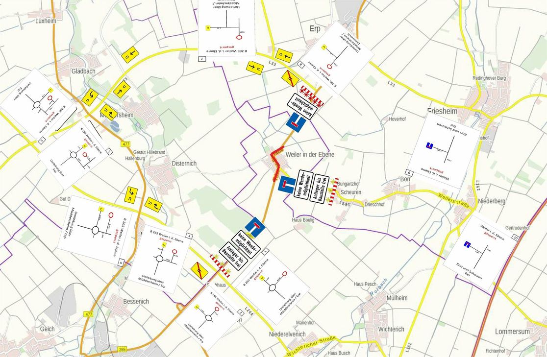 Auf dem Plan ist die großräumige Umleitung über die L 264, B 477, L 33 erkennbar. Für Anwohner bleibt Weiler in der Ebene während der Bauarbeiten aus südlicher Richtung über die Gladbacher Straße erreichbar.