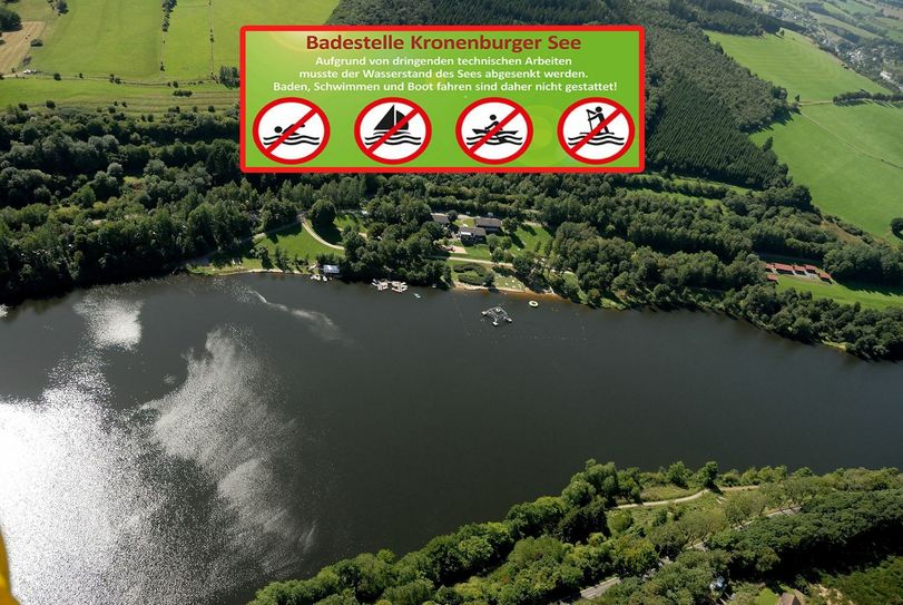 Wegen dringender Kontroll- und Reparaturarbeiten ist Baden und Bootsfahren am Kronenburger See nicht möglich. Foto: Gemeinde Dahlem/mn-Montage