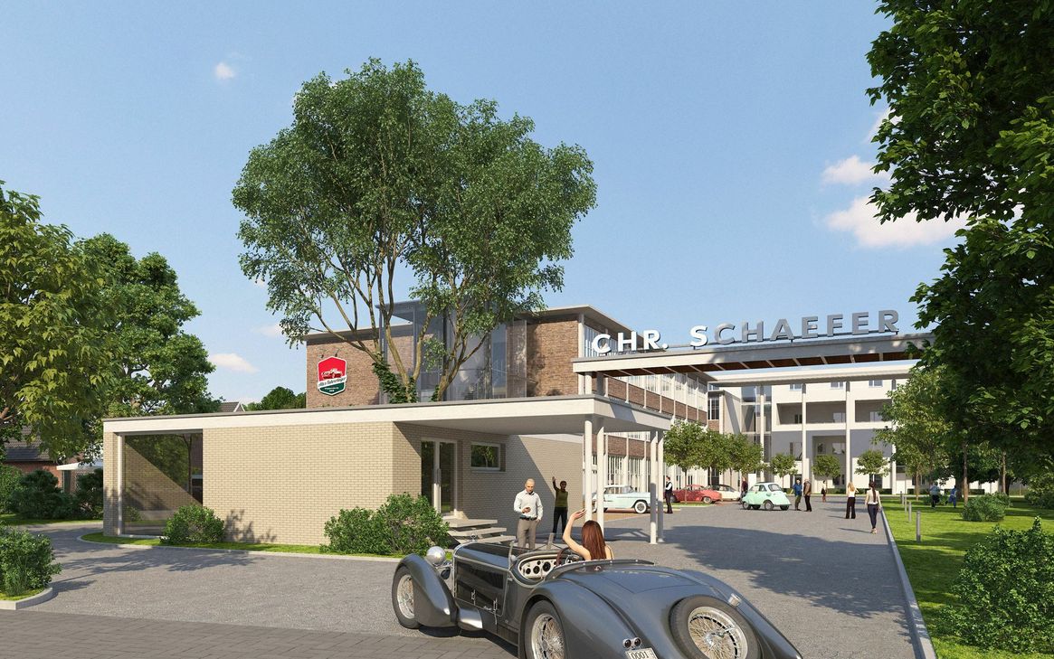 Das großzügig angelegte Entree und ein üppiger, grüner Innenhof sorgen für einen einladenden Empfang zum Campus. Von hier aus sind die öffentlichen Bereiche zugänglich. Animation:  G und S Wohnbau GmbH