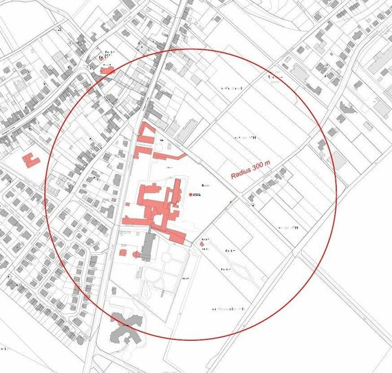 In diesem Umkreis um die amerikanische Fünf-Zentner-Bombe herum müssen rund 650 Menschen evakuiert werden. Skizze: Stadt Zülpich