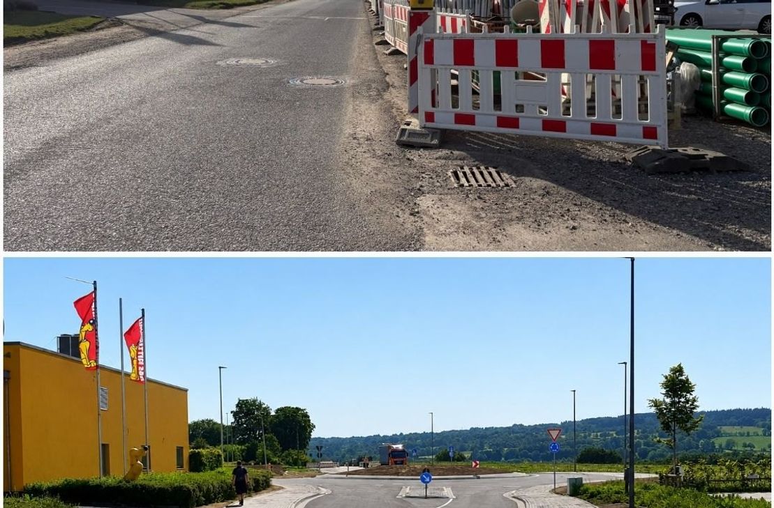 So hat sich das Gelände verändert: oben der Baustellenbereich vor den Arbeiten, unten der fertig gestellte Kreisverkehr im Gewerbegebiet »Auf Beuel«.