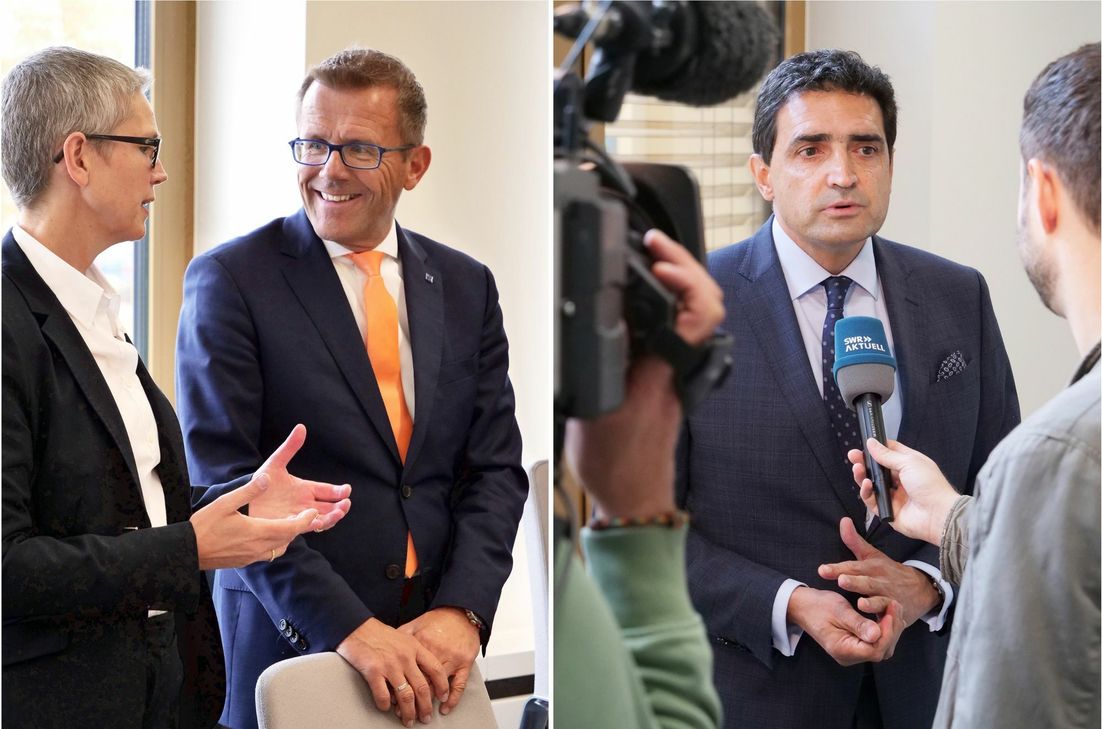 Zufrieden mit der ersten rechtlichen Einschätzung der Zivilkammer zeigten sich DEHOGA-Landespräsident Gereon Haumann (M.) und DEHOGA-Landesgeschäftsführerin Anna Roeren-Bergs. Rechts Matthias Ganter, einer der klagenden Hoteliers und Gastronomen, im Gespräch mit einem Fernseh-Team.