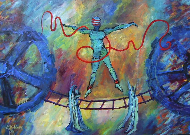 Eines der Gemälde von Marika Kohlhaas, die auf der Facebook-Seite Art Viral Jovinien präsentiert werden. Der rote Faden symbolisiert die Hilflosigkeit der Menschen zu entkommen – sie sind gefangen in einer Epidemie, die keine Ausnahmen toleriert.