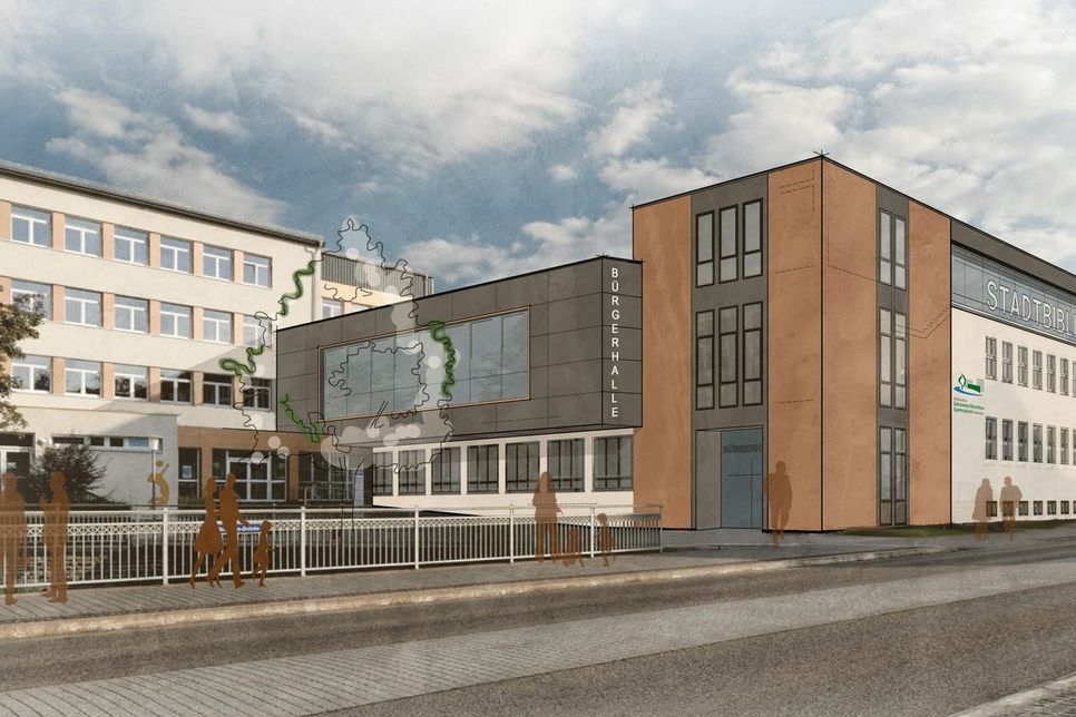 So sehen die Planungen für die neue Bürgerhalle und die Stadtbibliothek vor. Planungsskizze: Architekturbüro Holdenried