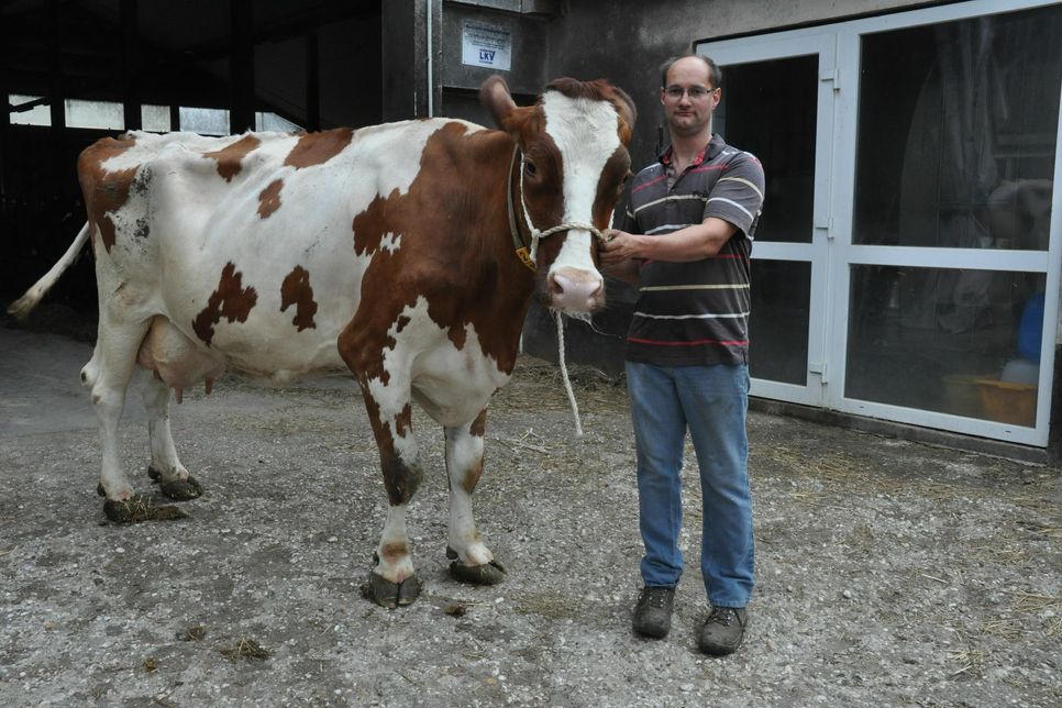 Mario Sesterhenn und die Kuh "Unke", die bereits über 100.000 Liter Milch gegeben hat.