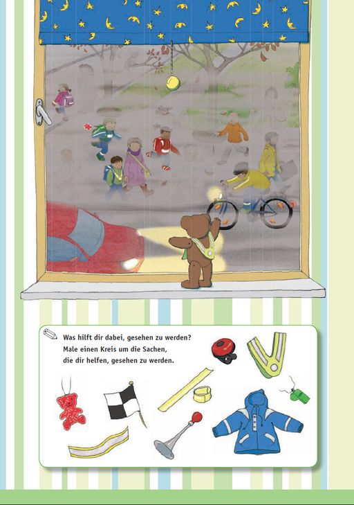 Sichtbarkeit ist auch Thema im Arbeitsheft "Sicher zur Schule". Kinder erarbeiten selbst, was sie tun können, damit andere sie bei ungünstiger Wetterlage besser wahrnehmen. Foto: Unfallkasse