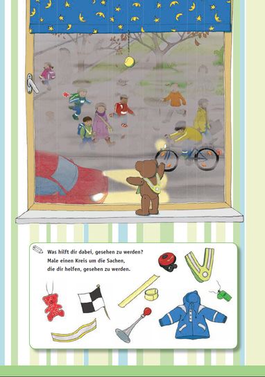 Sichtbarkeit ist auch Thema im Arbeitsheft "Sicher zur Schule". Kinder erarbeiten selbst, was sie tun können, damit andere sie bei ungünstiger Wetterlage besser wahrnehmen. Foto: Unfallkasse